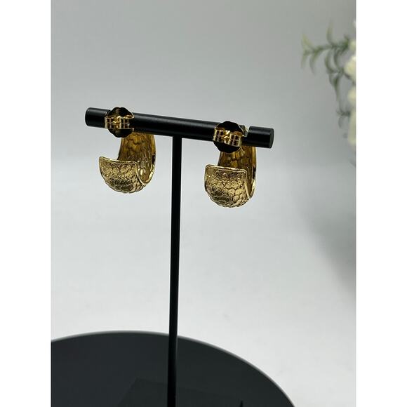 Bellezza Italy Hammered Textured Gold Tone Chunky Half Hoop 925 Back Earrings - Picture 3 of 14